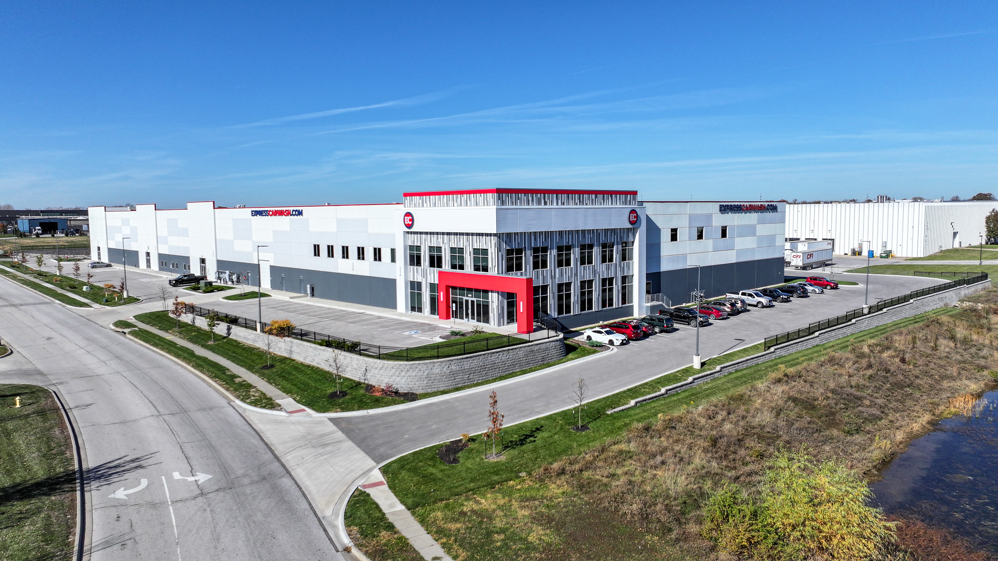 Drone aerial photograph of an Express Carwash commercial facility